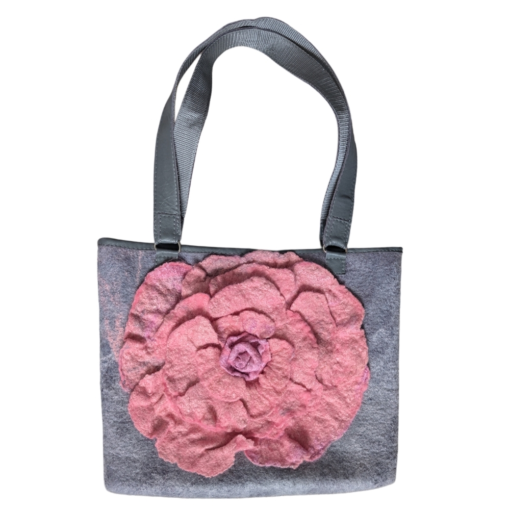 Grey Pink Felted Textured Large Flower Design Tote Bag Purse Boho
